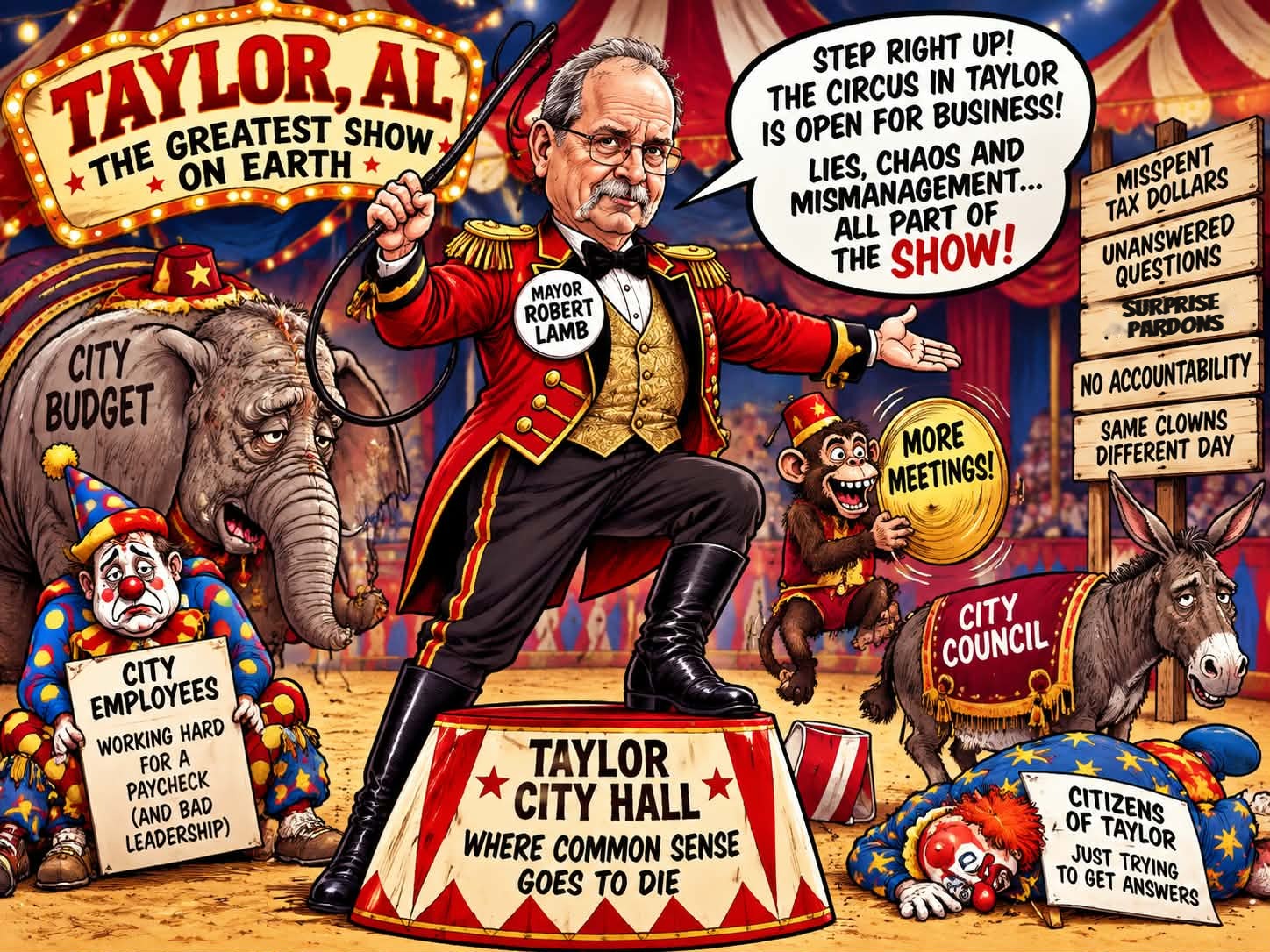 Editorial cartoon: Mayor Robert Lamb as a circus ringmaster at Taylor City Hall, with signs reading Misspent Tax Dollars, Unanswered Questions, Surprise Pardons, No Accountability, and Same Clowns Different Day.